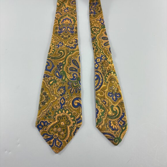 70's Roos Atkins Gold / Blue / Green Paisley Men's Tie 3" x 57" Vintage - Picture 2 of 3